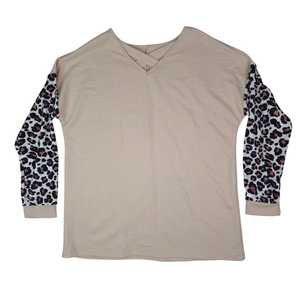 Unbranded Leopard Print Sleeve Top Womens XL Tan Criss Cross V-Neck Long Sleeve